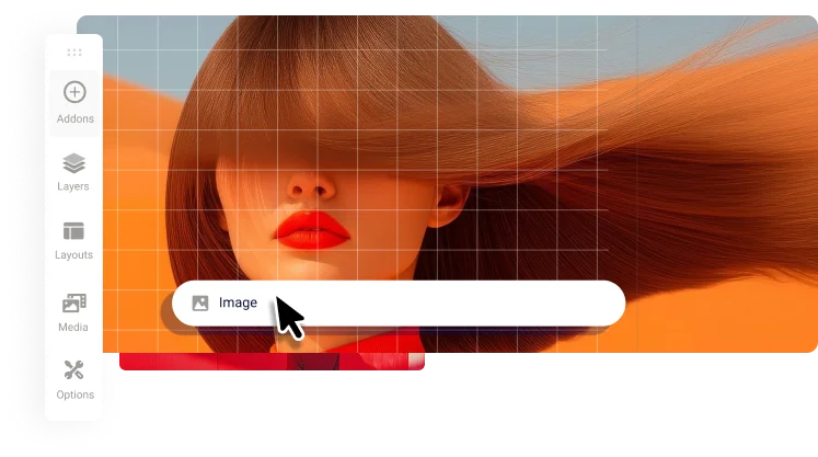 Page builder editor with a sidebar of addons, layers and layouts