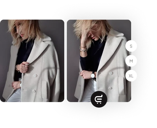 Two product photos of a model in a beige coat